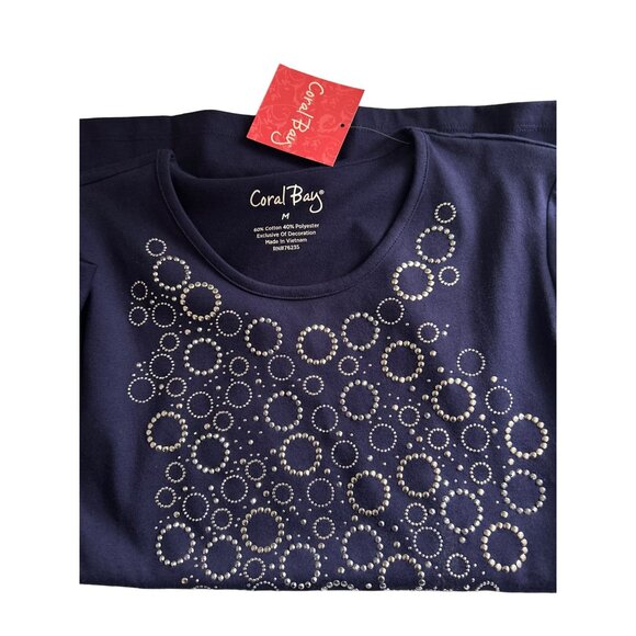 Coral Bay Women's Short Sleeve Navy Top With Rhinestone Circle Design, Size Med - Picture 7 of 7